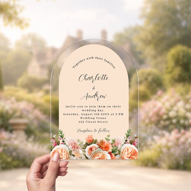 Invitations En Acrylique Orange pink peach florals arch clear wedding (Créateur téléchargé)