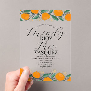 Invitations En Acrylique Oranges Citrus Aquarelle Mariage Script noir