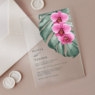 Invitations En Acrylique Orchidées roses chaudes Monstera Mariage floral tr