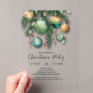 Invitations En Acrylique Ornements de Noël Vert Or Parti