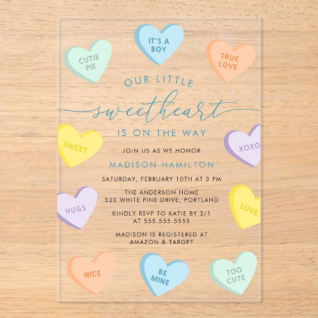 Invitations En Acrylique Our Little Sweetheart Candy Hearts Baby Shower (Recto)