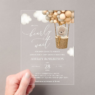 Invitations En Acrylique Ours, Ballons Beige, Montgolfière, Baby Shower