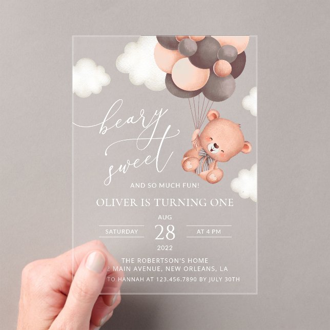Invitations En Acrylique Ours, Ballons Brown, Premier Anniversaire (In situ (ordinateur de poche))