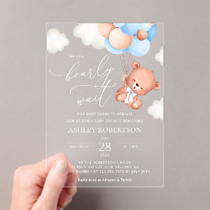 Invitations En Acrylique ours bébé, ours en peluche, ballons bleus, Baby sh