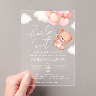 Invitations En Acrylique Ours De Bébé, Ours En Teddy, Ballons Roses, Baby s