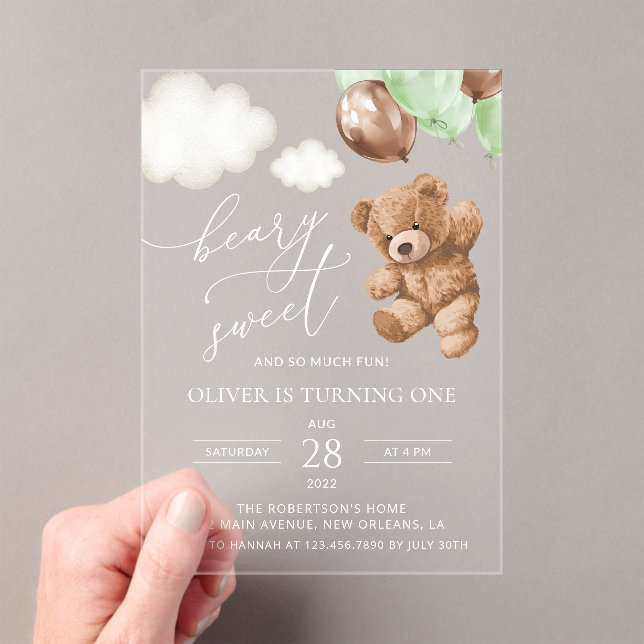 Invitations En Acrylique Ours En Conflit, Ballons Verts, Premier Anniversai (In situ (ordinateur de poche))