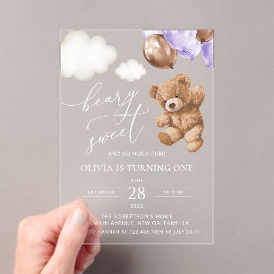 Invitations En Acrylique Ours En Jeu, Ballons Violets, Premier Anniversaire