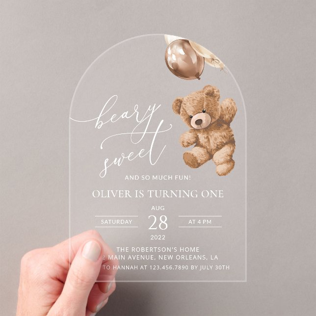 Invitations En Acrylique Ours En Joue, Ballons Brown, Premier Anniversaire (In situ (ordinateur de poche))