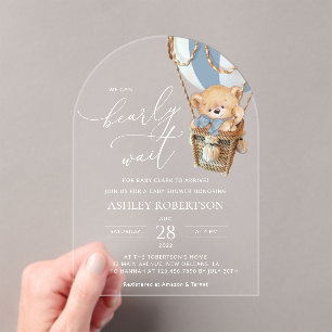 Invitations En Acrylique Ours en peluche, ballon à air chaud bleu, Baby Sho