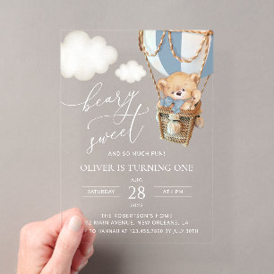 Invitations En Acrylique Ours en peluche, ballon à air chaud bleu, premier
