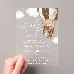 Invitations En Acrylique Ours en peluche, Ballon Brown à air chaud, Baby sh
