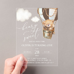 Invitations En Acrylique Ours en peluche, ballon Brown à air chaud, premier