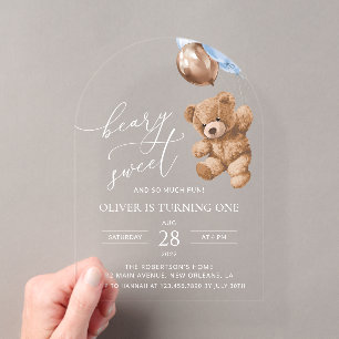 Invitations En Acrylique Ours en peluche, Ballons bleus, Premier anniversai