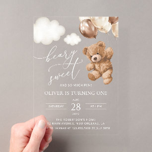 Invitations En Acrylique Ours en peluche, Ballons marrons, Premier annivers