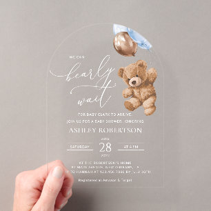 Invitations En Acrylique Ours en peluche, bébé ours, ballons bleus, Baby Sh