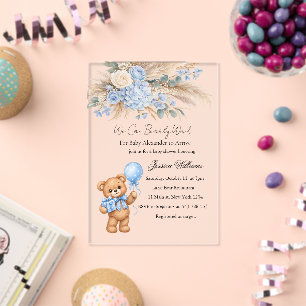 Invitations En Acrylique Ours en peluche de la Pampa bleue Roses Baby Showe