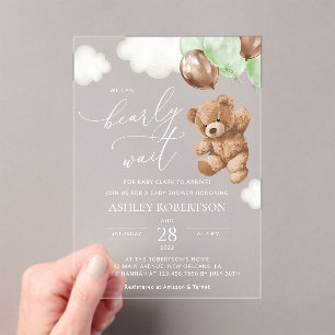 Invitations En Acrylique ours en peluche, ours bébé, ballons verts, Baby sh