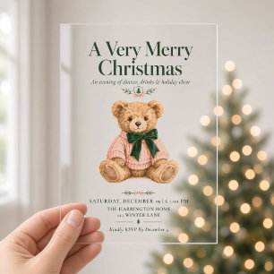 Invitations En Acrylique Ours en peluche Prépa Rose Vert Noël Dîner