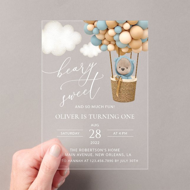 Invitations En Acrylique Ours mignon, Ballons Bleus, Premier Anniversaire (In situ (ordinateur de poche))
