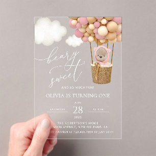 Invitations En Acrylique Ours mignon, Ballons roses, Premier Anniversaire