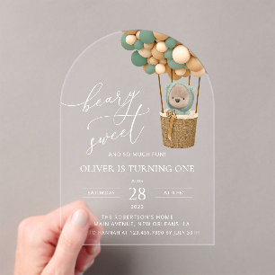 Invitations En Acrylique Ours mignon, Ballons verts, Premier anniversaire