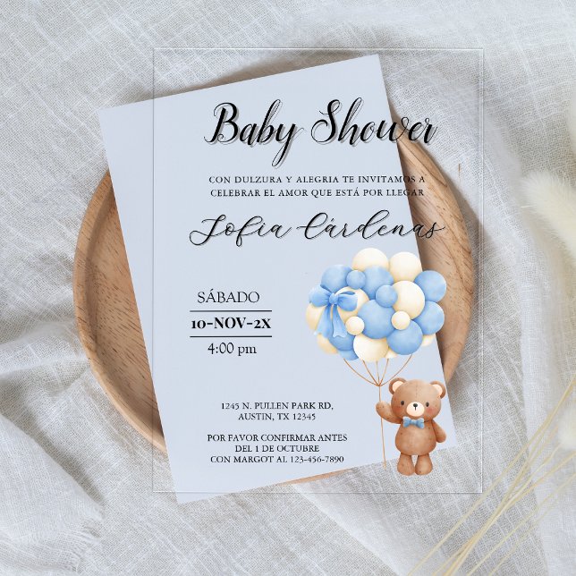 Invitations En Acrylique Ours Teddy Avec Balloons Espagnol Baby shower Blan (Teddy Bear With Balloons Spanish Baby Shower White Acrylic Invitations)