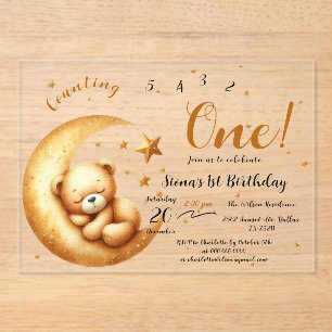 Invitations En Acrylique Ourson Mignon Bébé Endormi Sur La Lune 1er Anniver