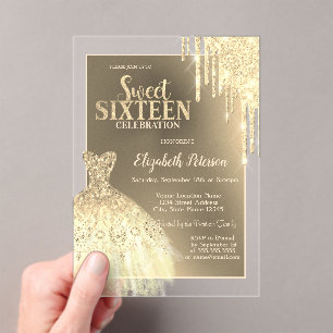 Invitations En Acrylique Paillettes dorées qui coulent, Robe à paillettes S