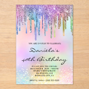 Invitations En Acrylique Paillettes holographiques anniversaire 40 ans arc-
