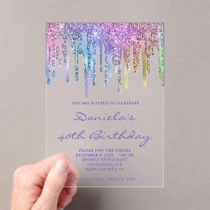 Invitations En Acrylique Paillettes holographiques anniversaire 40 ans arc-