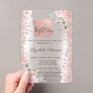 Invitations En Acrylique Paillettes Modernes Confettis Or Rose 18ème Annive