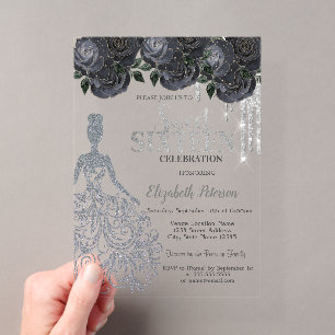 Invitations En Acrylique Paillettes qui dégoulinent, Robe Roses Noires Douc