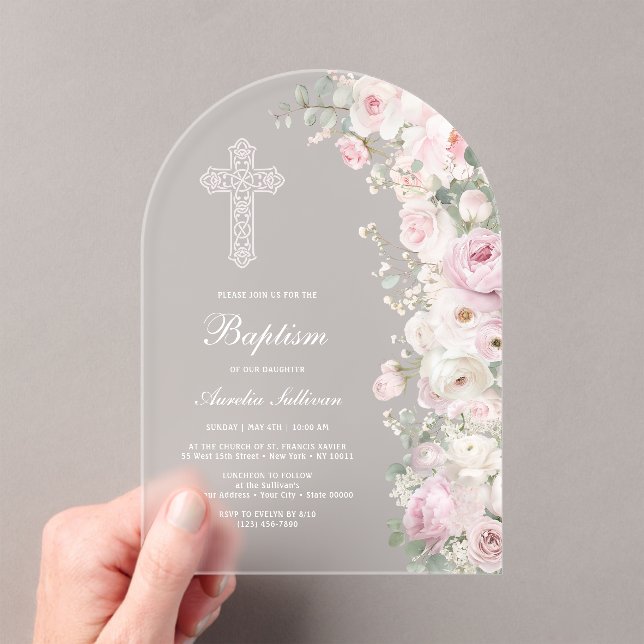 Invitations En Acrylique Pale Pink Flowers Arch Baptism Frosted (In situ (ordinateur de poche))