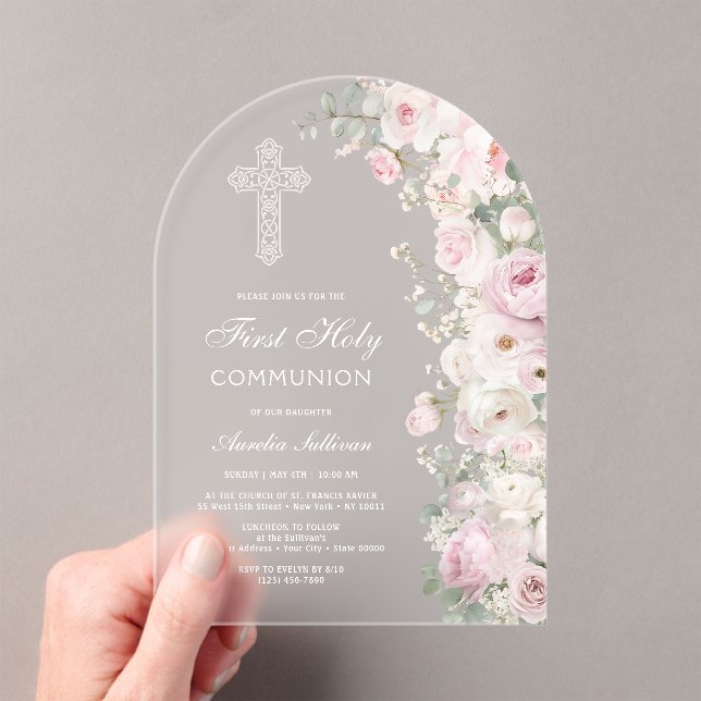 Invitations En Acrylique Pale Pink Flowers Arch First Communion Frosted (In situ (ordinateur de poche))
