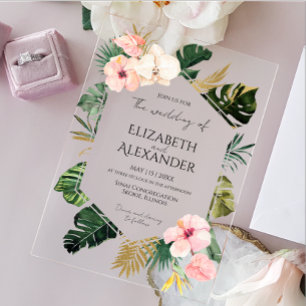 Invitations En Acrylique Palm Feuille Hibiscus Mariage de verdure tropicale