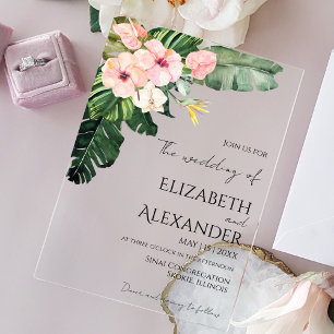 Invitations En Acrylique Palm Feuille Hibiscus Mariage de verdure tropicale