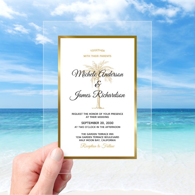 Invitations En Acrylique Palmier d'or tropical Mariage de plage élégant (Tropical Gold Palm Tree Elegant Beach Wedding Acrylic Invitations)