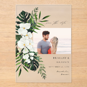 Invitations En Acrylique Palmier tropical et floral blanc Enregistrer la da