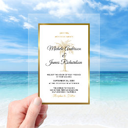 Invitations En Acrylique Palmier Tropical Gold Mariage Elégant de Plage