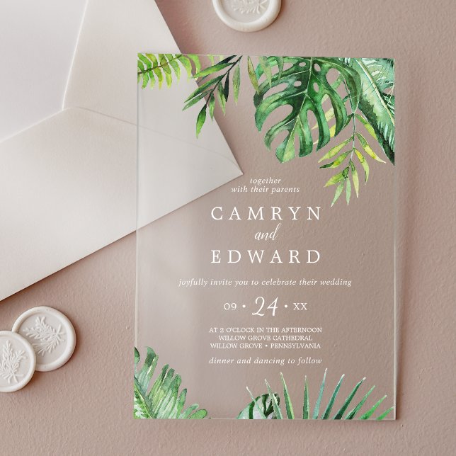 Invitations En Acrylique Palmier tropical sauvage Plage blanche Destination (Wild Tropical Palm White Beach Destination Wedding Acrylic Invitations)