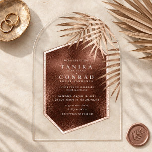 Invitations En Acrylique Palmiers au coucher du soleil en cuivre Mariage Ar
