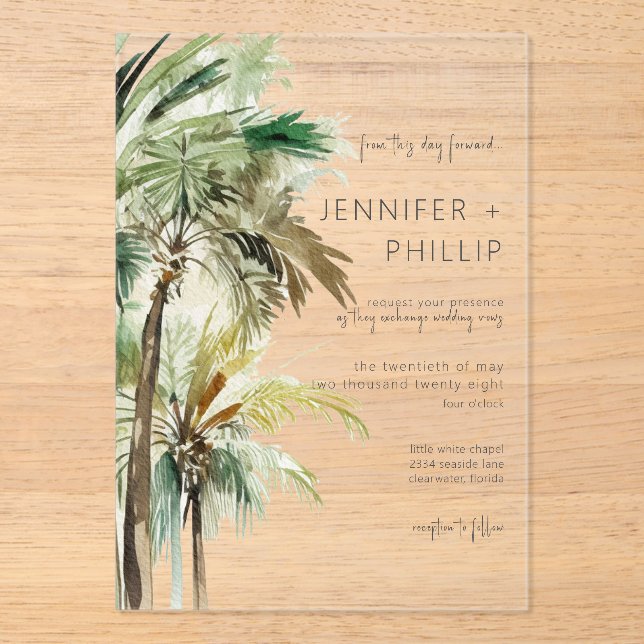 Invitations En Acrylique Palmiers tropicaux Mariage moderne (Recto)