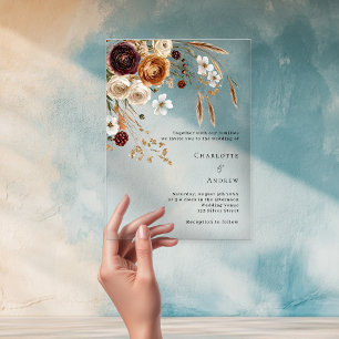 Invitations En Acrylique Pampas bordeaux beige floral mariage clair