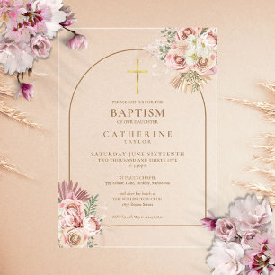 Invitations En Acrylique Pampas en or rose Grass Girl Baptême Christening