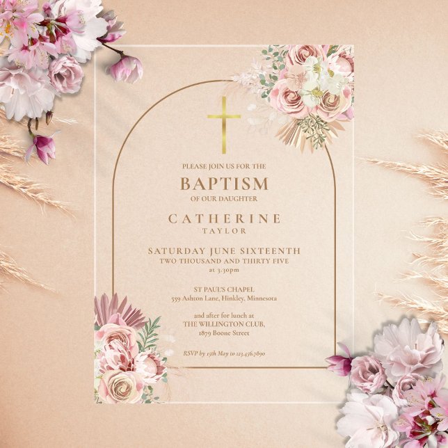 Invitations En Acrylique Pampas en or rose Grass Girl Baptême Christening (Pink Gold Pampas Grass Girl Baptism Christening Acrylic Invitations)