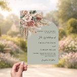 Invitations En Acrylique Pampas rose beige sauge arche verte clair mariage<br><div class="desc">Donnez le ton pour votre journée spéciale avec cette élégante invitation de mariage. Doté d'un arrière - plan transparent et clair, avec un cadre en arc de cercle vert sage, il est joliment décoré de roses terreux et muets, de verdure d'eucalyptus et d'herbe de pampas pour une sensation naturelle et...</div>