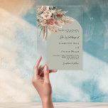 Invitations En Acrylique Pampas rose beige sauge arche verte clair mariage<br><div class="desc">Donnez le ton pour votre journée spéciale avec cette élégante invitation de mariage. Doté d'un arrière - plan transparent et clair, avec un cadre en arc de cercle vert sage, il est joliment décoré de roses terreux et muets, de verdure d'eucalyptus et d'herbe de pampas pour une sensation naturelle et...</div>