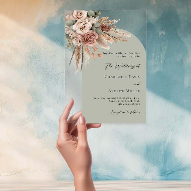 Invitations En Acrylique Pampas rose beige sauge arche verte clair mariage (Créateur téléchargé)