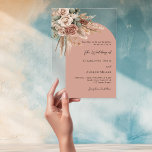 Invitations En Acrylique Pampas rose beige taupe arceau mariage clair<br><div class="desc">Donnez le ton pour votre journée spéciale avec cette élégante invitation de mariage. Doté d'un arrière - plan transparent et clair, avec un cadre d'arche couleur rose antique, il est joliment décoré de roses terreux et muets, de verdure d'eucalyptus et d'herbe de pampas pour une sensation naturelle et romantique. Personnalisez-le...</div>