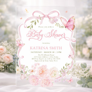 Invitations En Acrylique Papillon Aquarelle Fille Baby Shower Rose Fleur